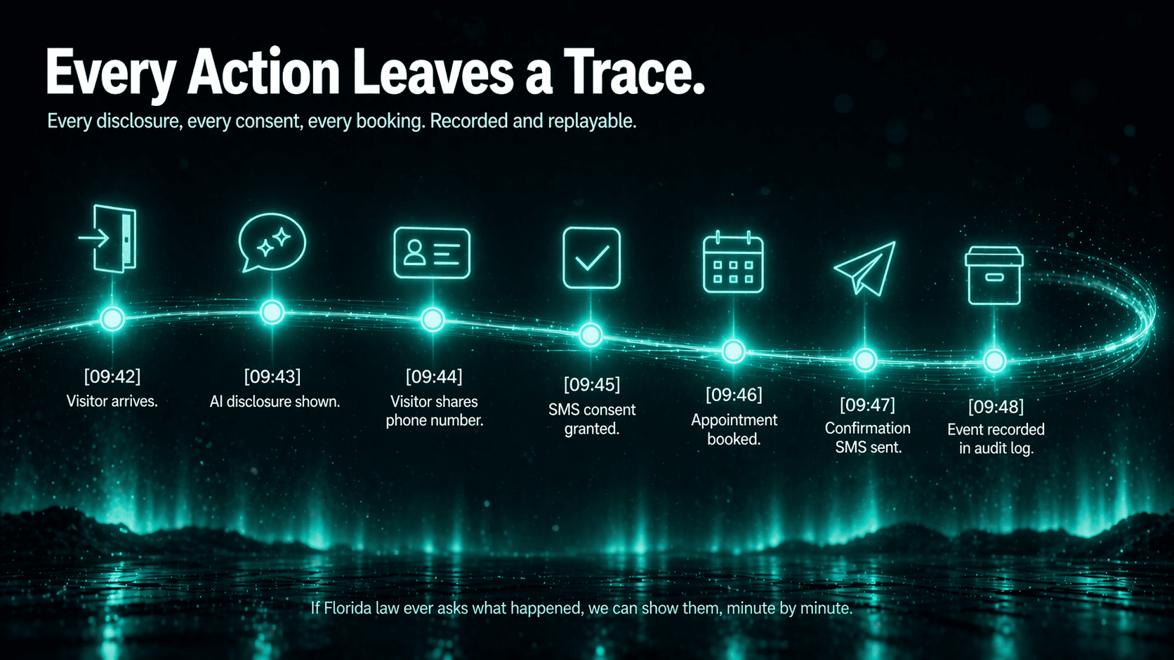 SkyAria audit trail: every disclosure, consent, booking, and refusal logged with timestamp.
